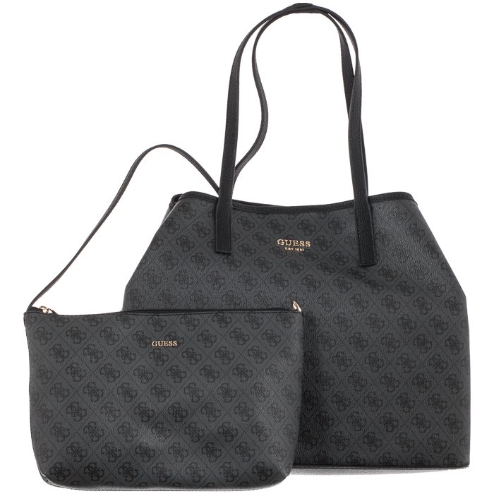 Sac à Main Guess Vikky Tote Large Avec Pochette - Éco-Peau Logo Noir/Cognac Élégant